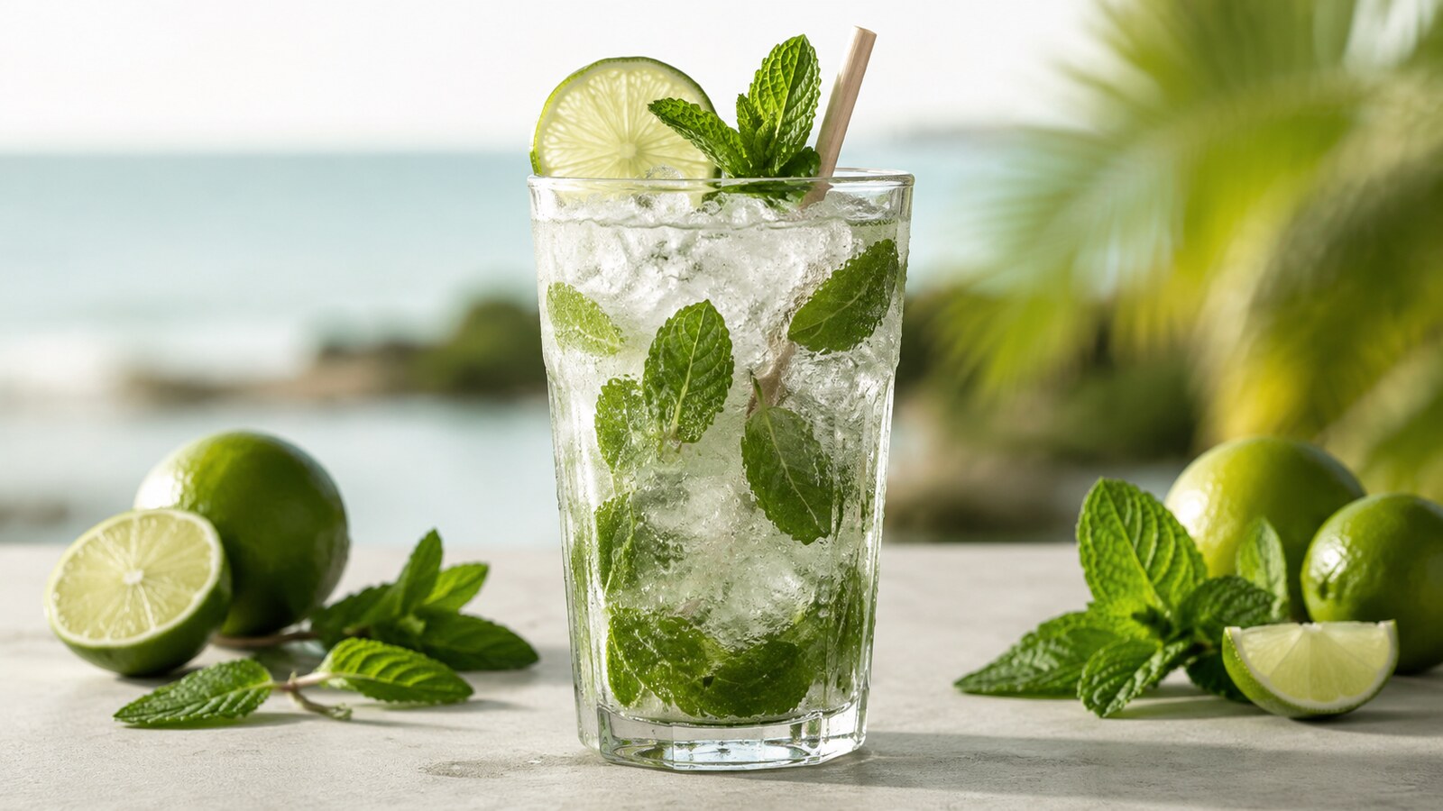 Mojito virgen con lima, hierbabuena y hielo picado en vaso alto