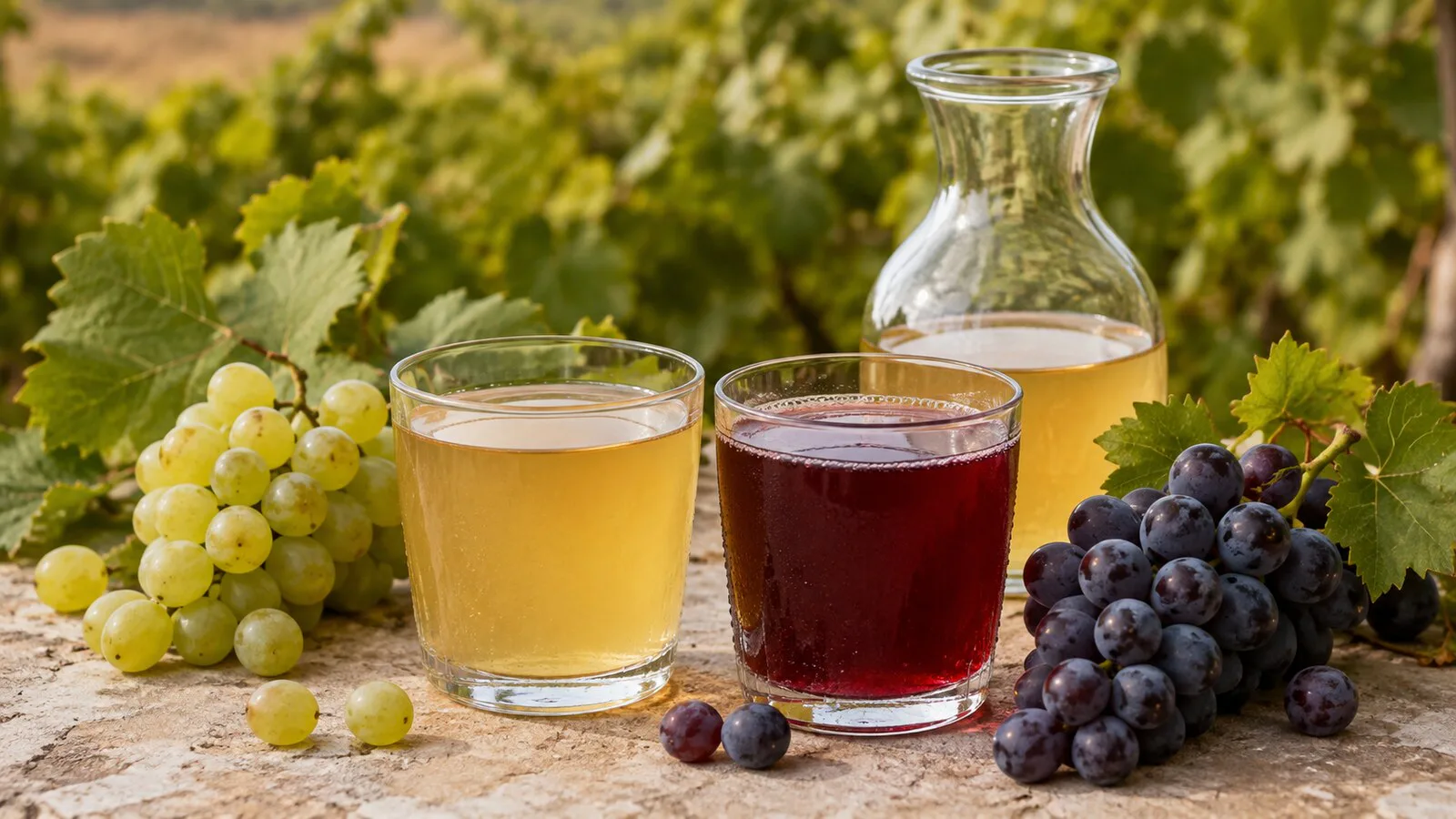 Vasos de mosto blanco y tinto junto a uvas claras y oscuras