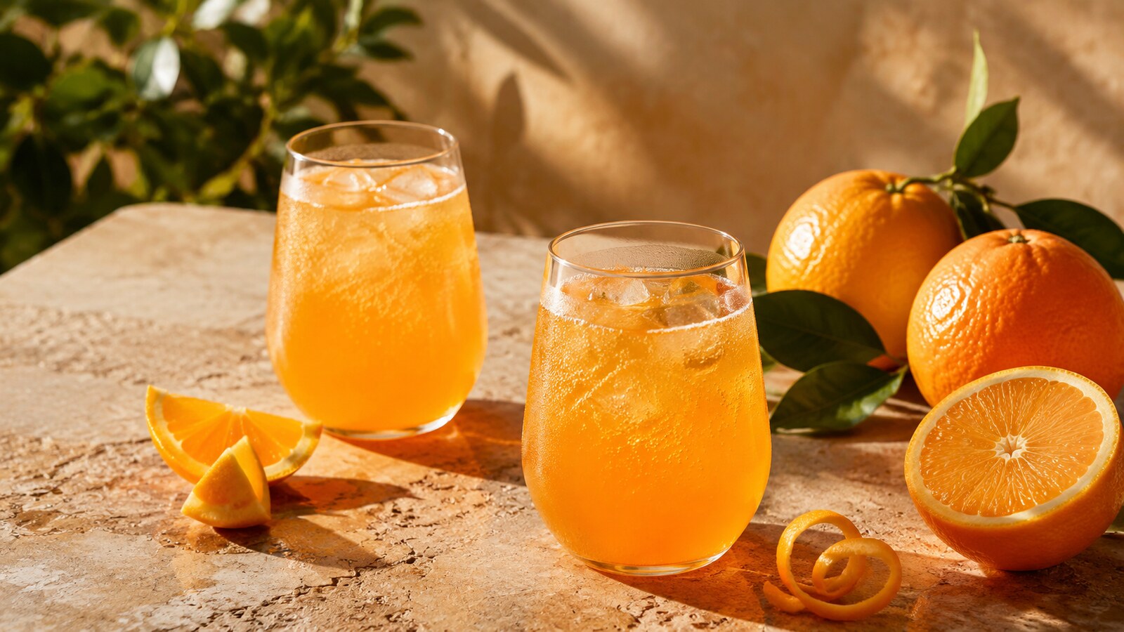 Refresco de naranja con hielo y burbujas junto a naranjas frescas
