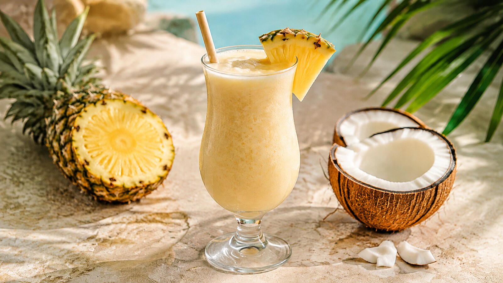 Piña colada sin alcohol cremosa servida con un pequeño gajo de piña