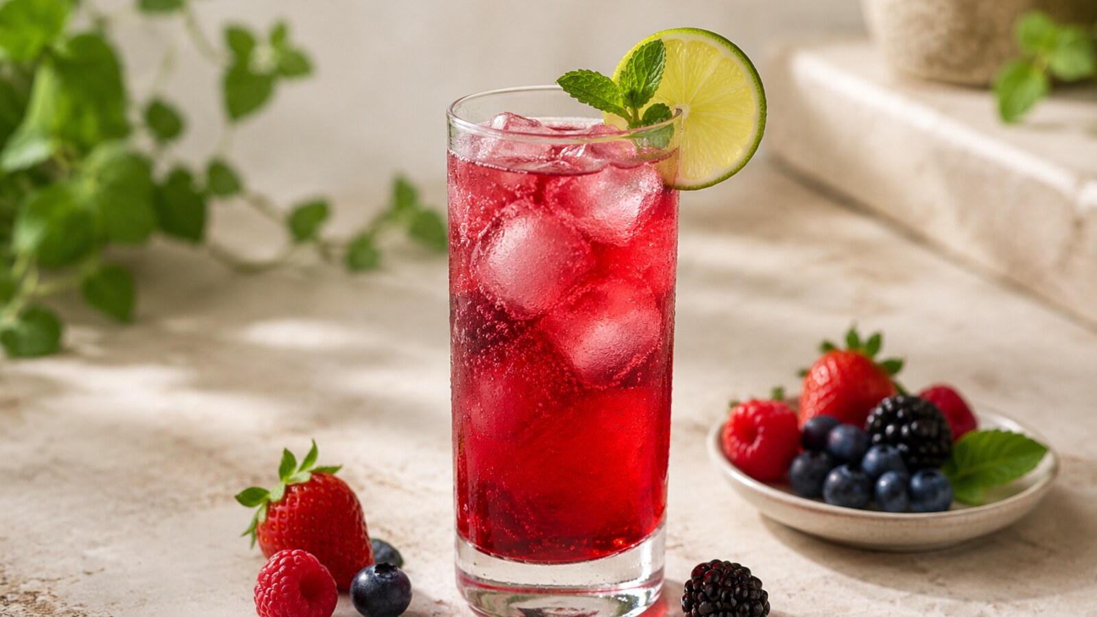 Red berry cooler rojo con frutos rojos, lima, soda y hielo
