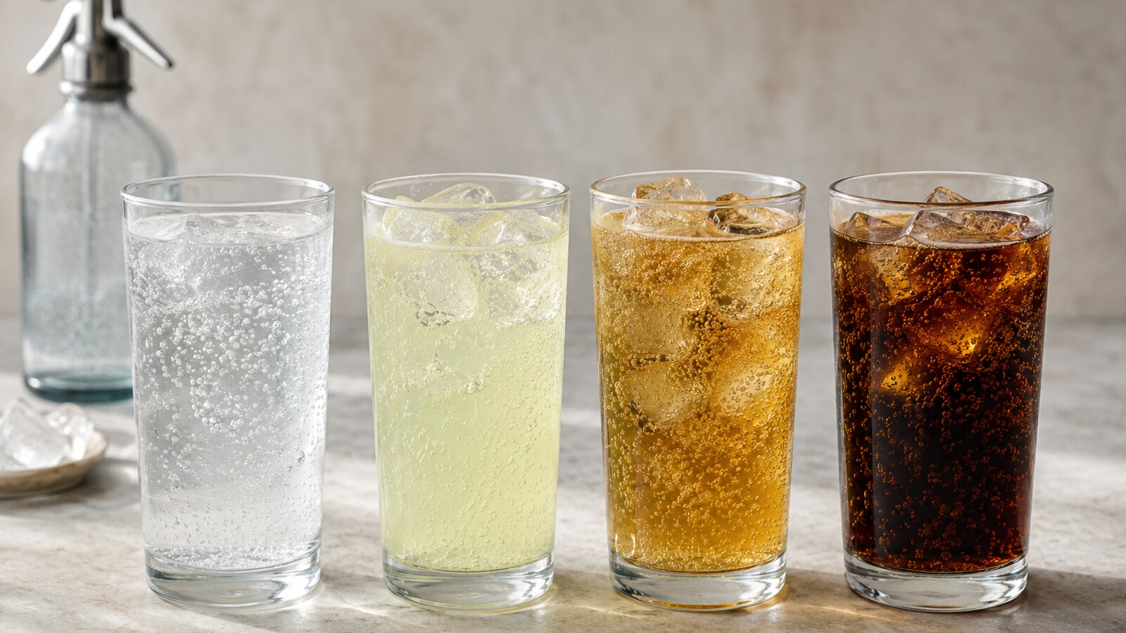 Vasos transparentes con refrescos carbonatados de distintos colores y burbujas