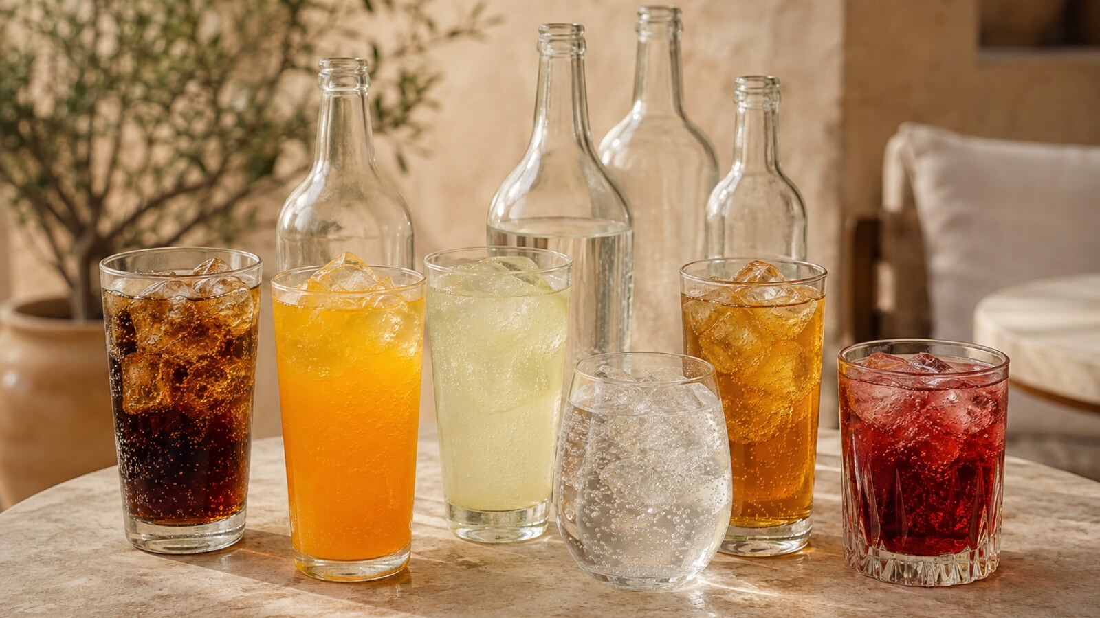 Selección de refrescos sin marcas en vasos y botellas de vidrio