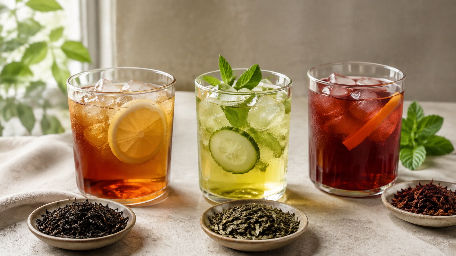 Vasos de té negro y verde fríos con hielo, limón y hojas sueltas