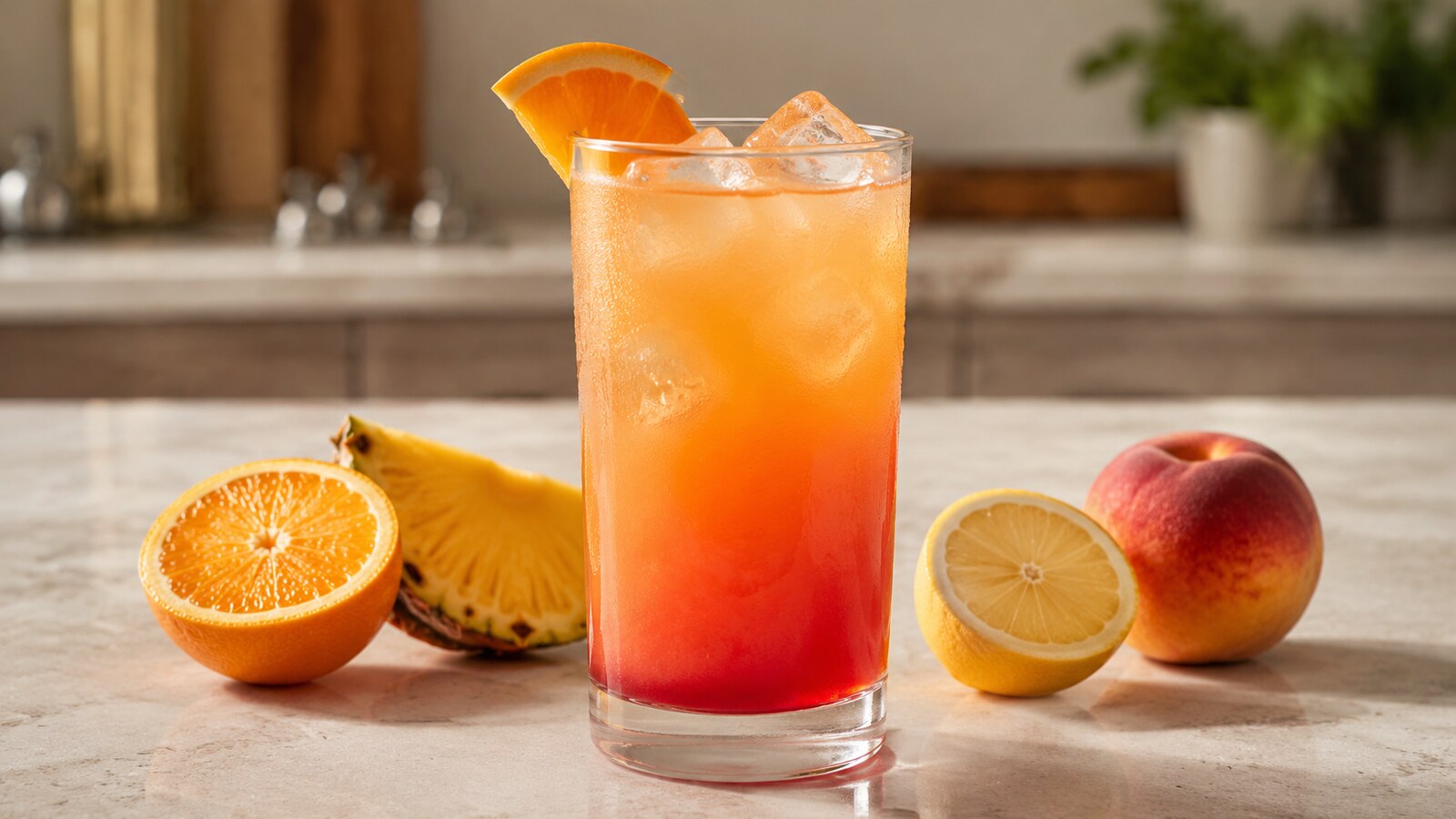 San Francisco sin alcohol de color naranja y rojo servido en vaso alto
