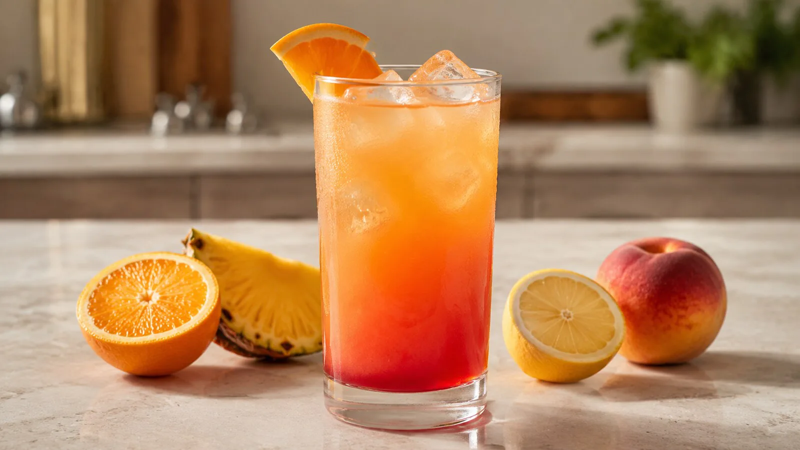 San Francisco sin alcohol de color naranja y rojo servido en vaso alto