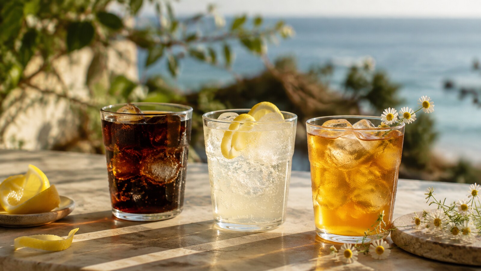 Varios refrescos genéricos sin cafeína con hielo y guarniciones cítricas