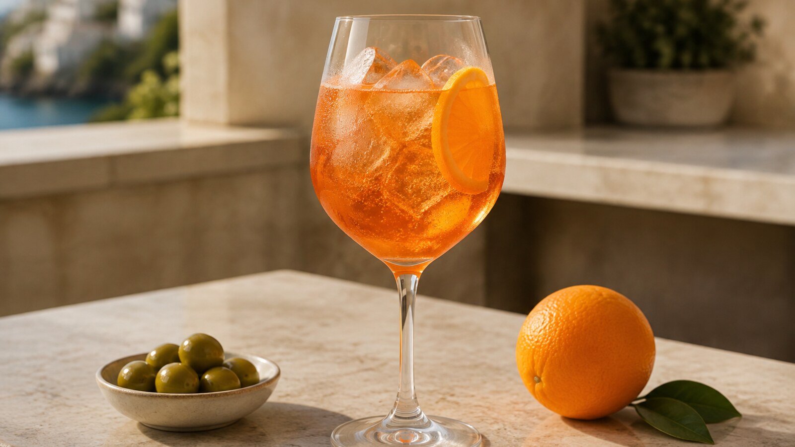 Spritz sin alcohol naranja con hielo grande y media rueda de naranja