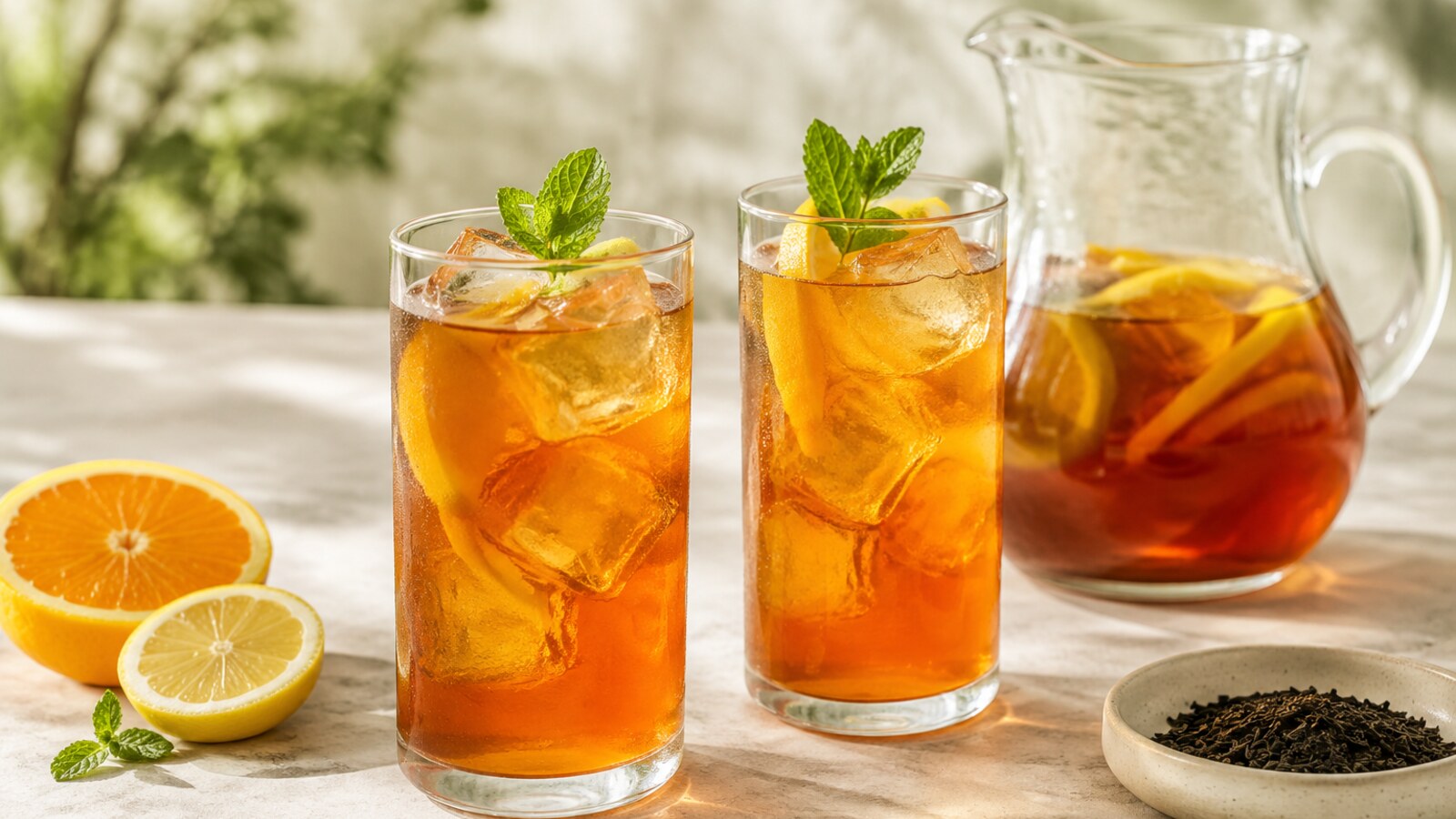 Té helado de cítricos con naranja, limón, menta y cubos de hielo