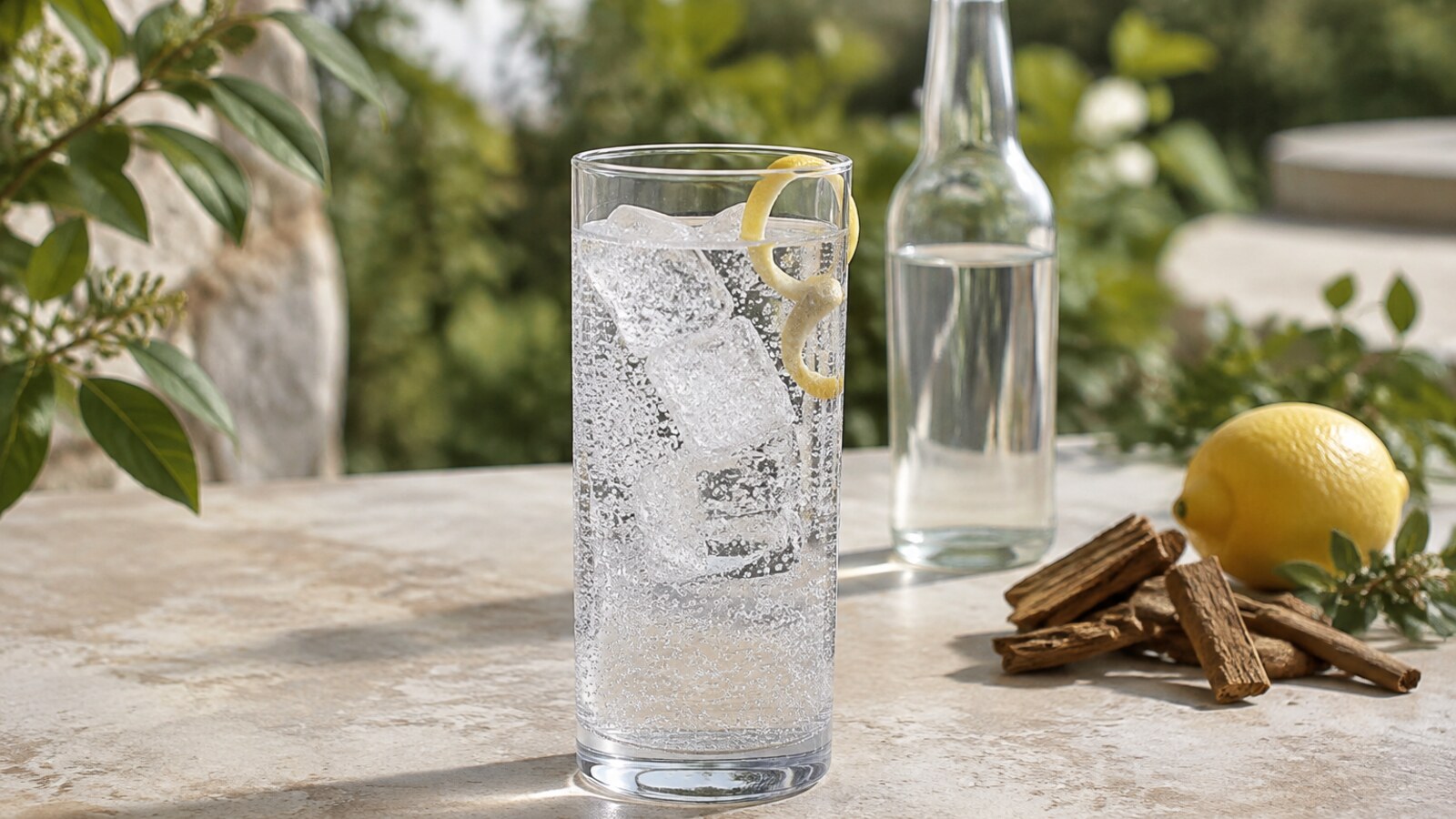 Vaso de agua tónica con hielo transparente, burbujas y piel de limón