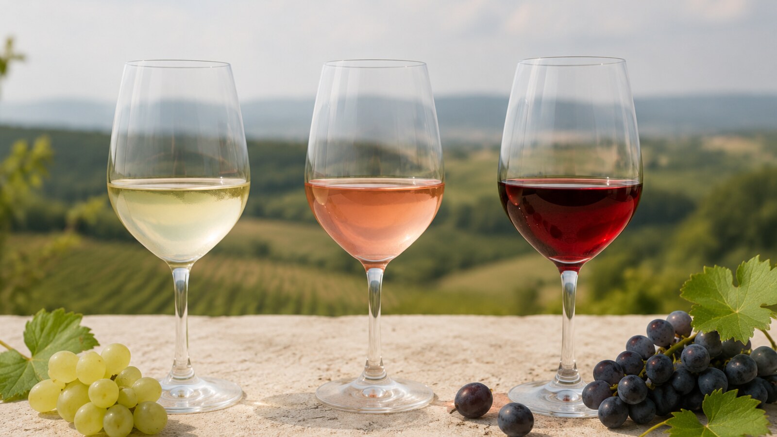 Copas de vino desalcoholizado blanco, rosado y tinto junto a uvas