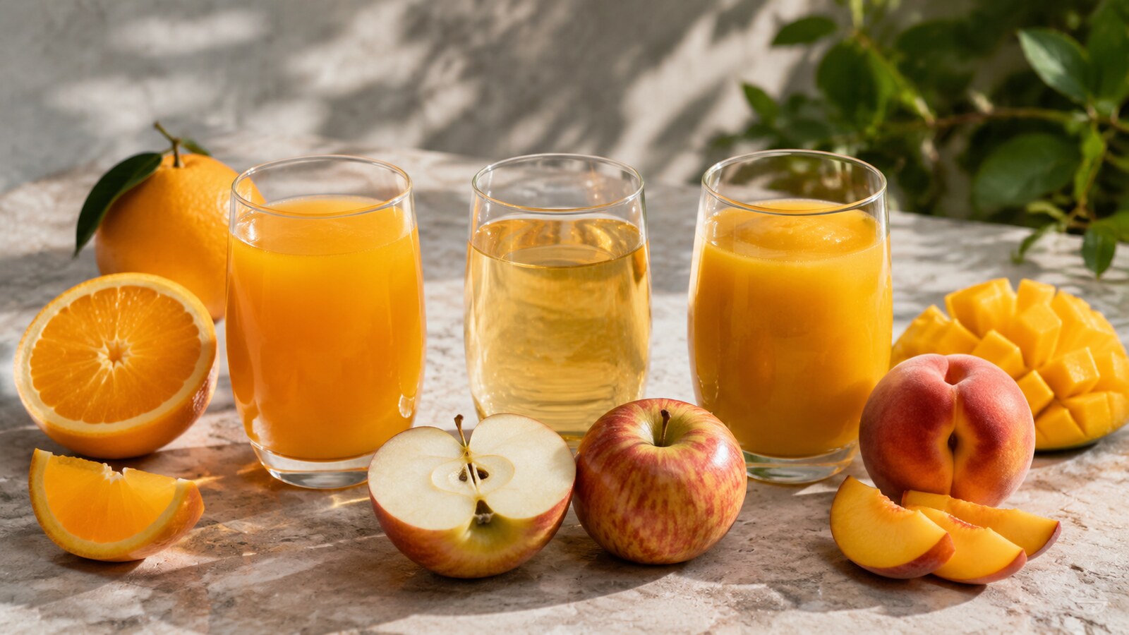 Vasos de zumo de naranja, manzana y néctar de melocotón acompañados de fruta