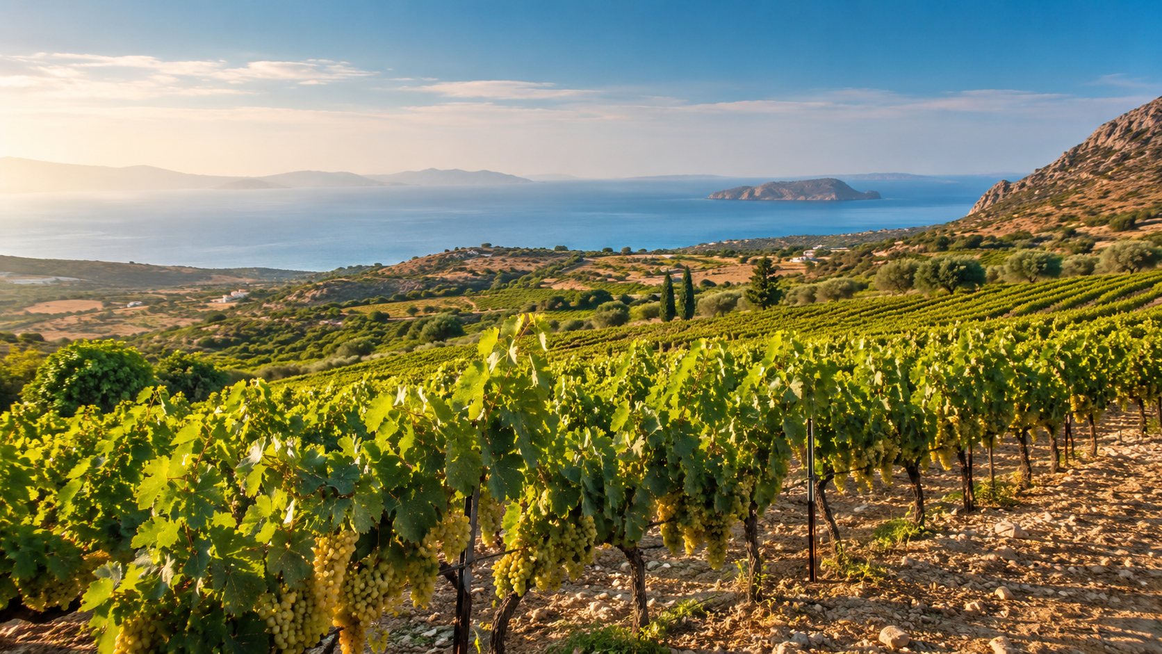 Viñedos de Athiri en una isla del mar Egeo
