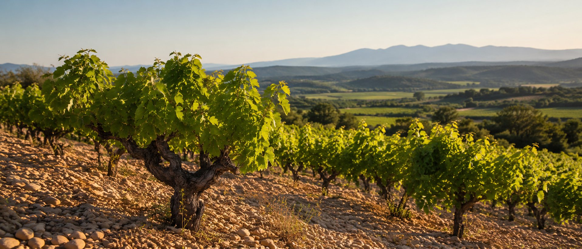 Viñedo mediterráneo de Cinsault en clima seco y soleado
