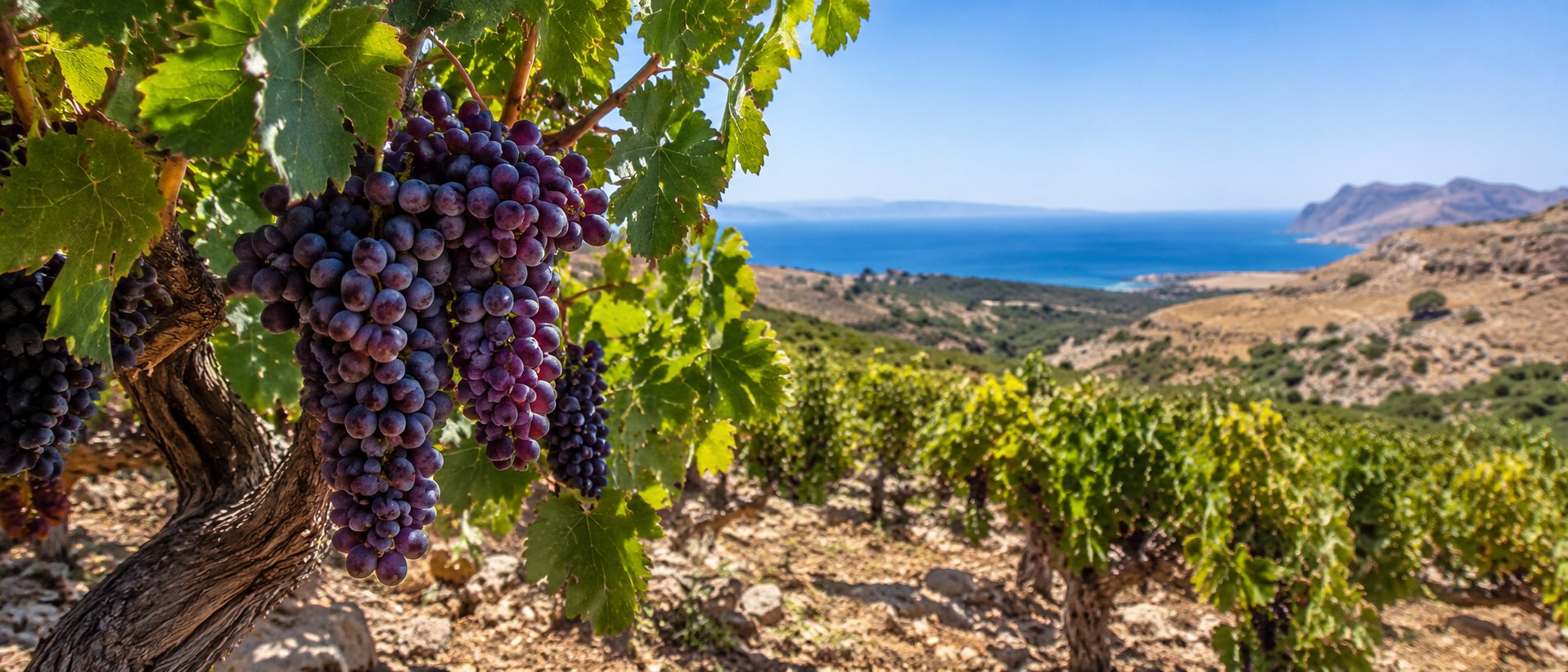 Viñedo de Liatiko en las laderas cálidas y elevadas de Creta