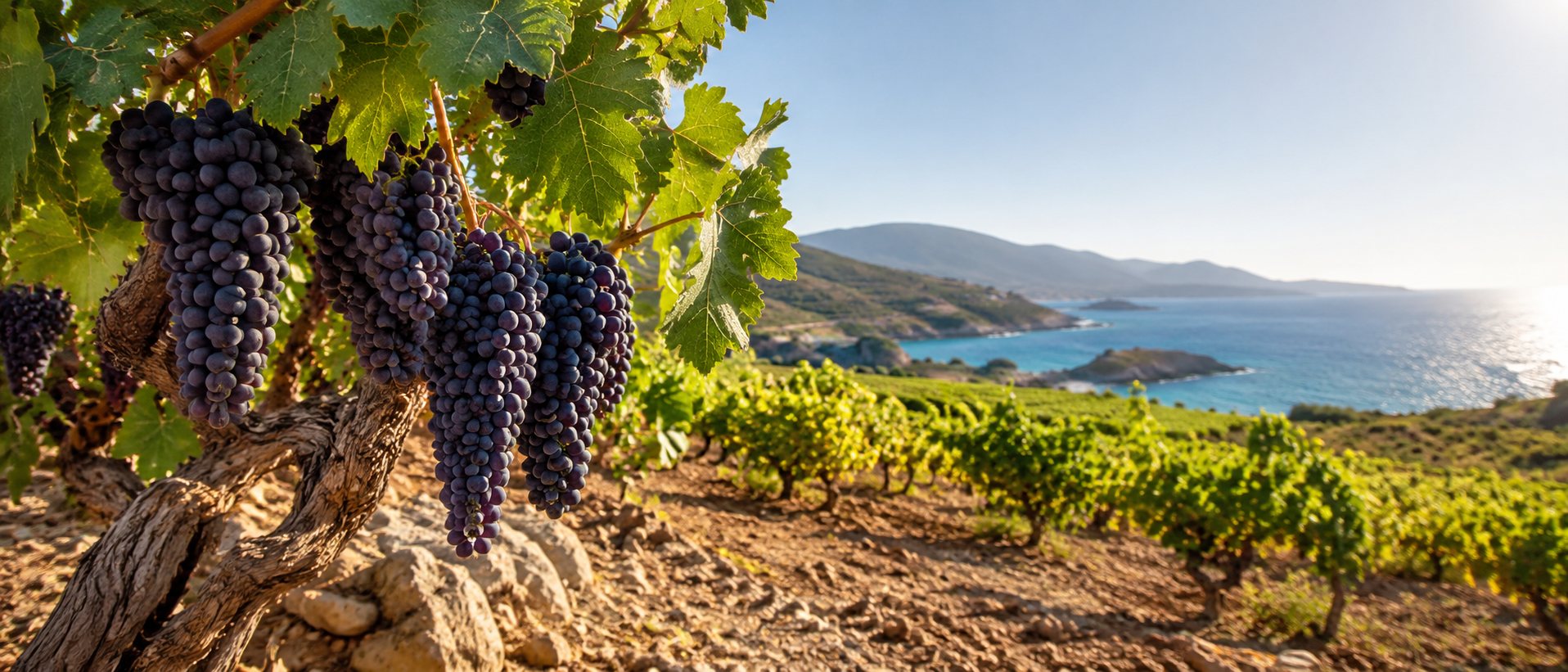 Racimos y viñedos de Mandilaria en una isla del mar Egeo