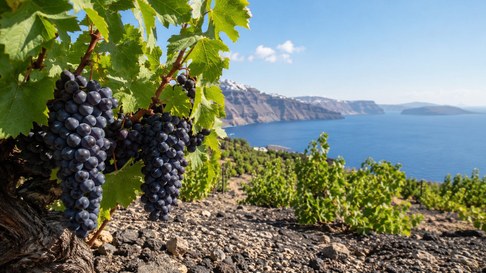 Viñedo de Mavrotragano en el paisaje volcánico de las Cícladas
