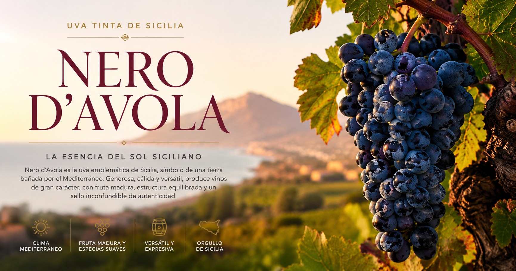 Viñedo siciliano de Nero d’Avola bajo la luz mediterránea