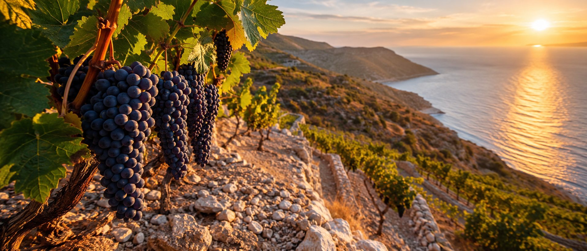 Viñedo de Plavac Mali en una ladera soleada de Dalmacia junto al mar Adriático