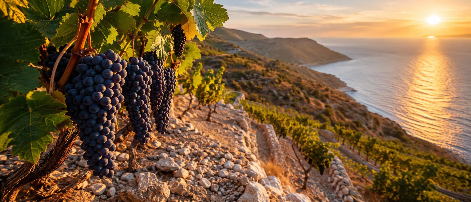 Viñedo de Plavac Mali en una ladera soleada de Dalmacia junto al mar Adriático