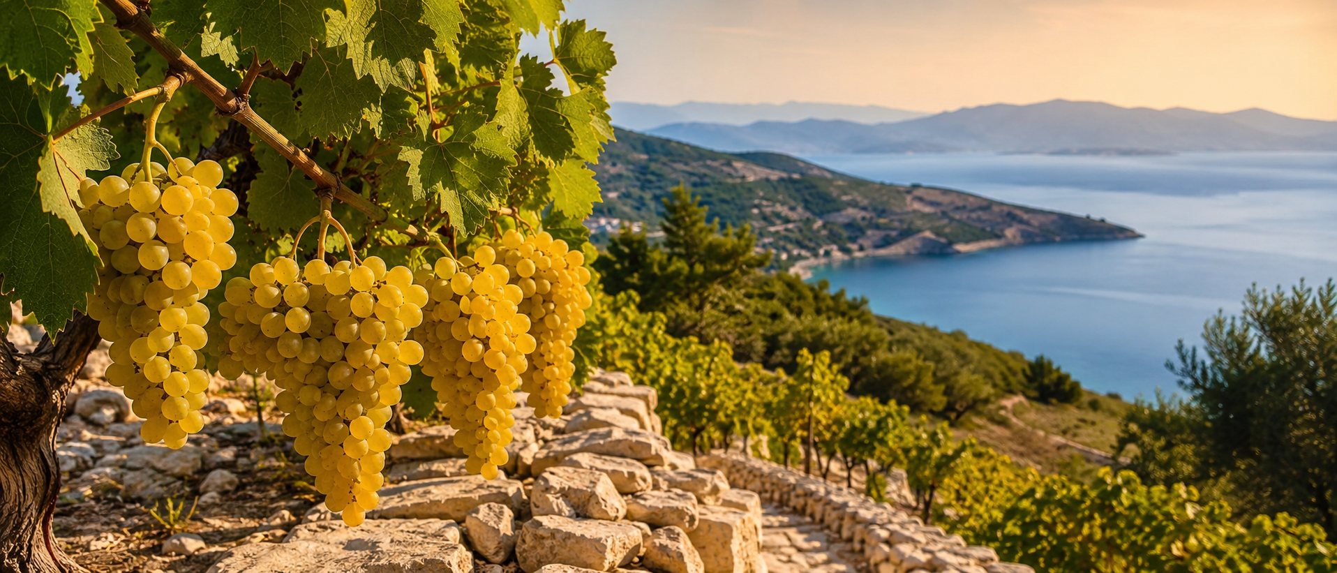 Viñedo de Pošip en la isla croata de Korčula, junto al paisaje mediterráneo de Dalmacia