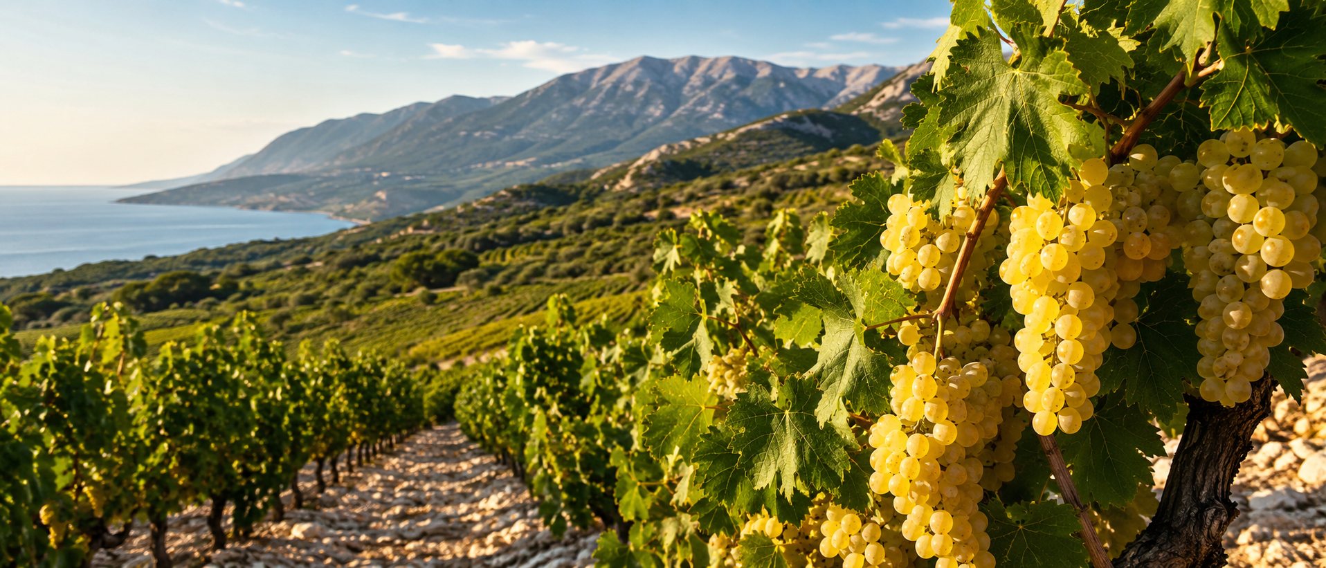 Viñedo de Robola en Cefalonia con racimos blancos, suelo pedregoso y montañas