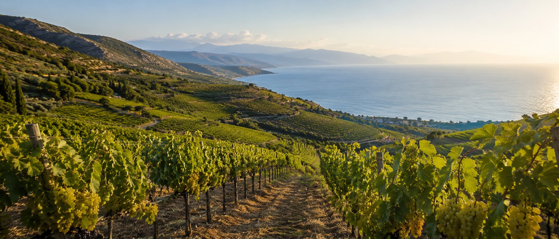 Viñedos de Roditis en las laderas montañosas de Aigialia, en Grecia
