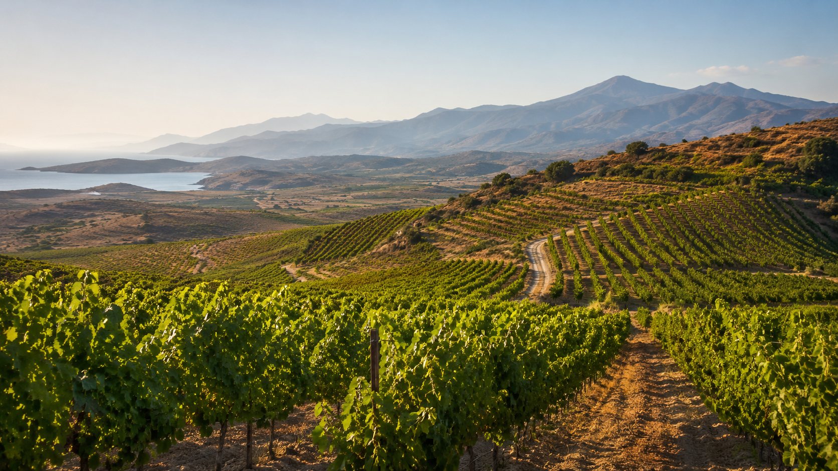 Viñedo de Thrapsathiri en las laderas soleadas y montañosas de Creta