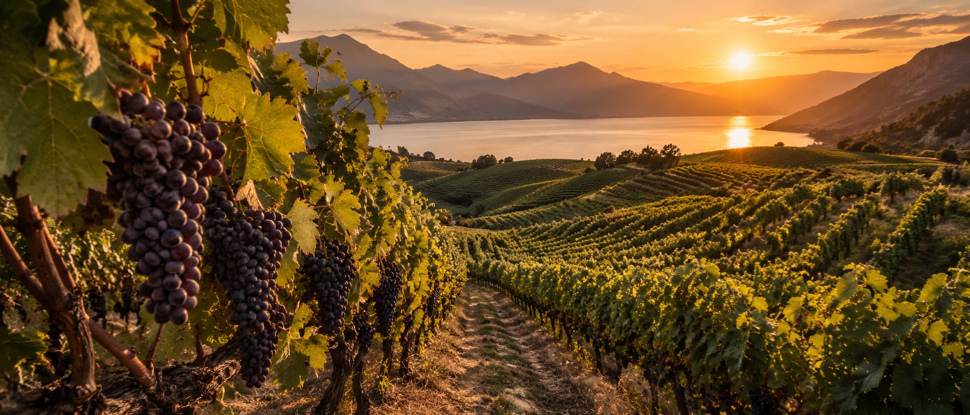Viñedo de Vranac en un paisaje balcánico de montañas y clima continental mediterráneo