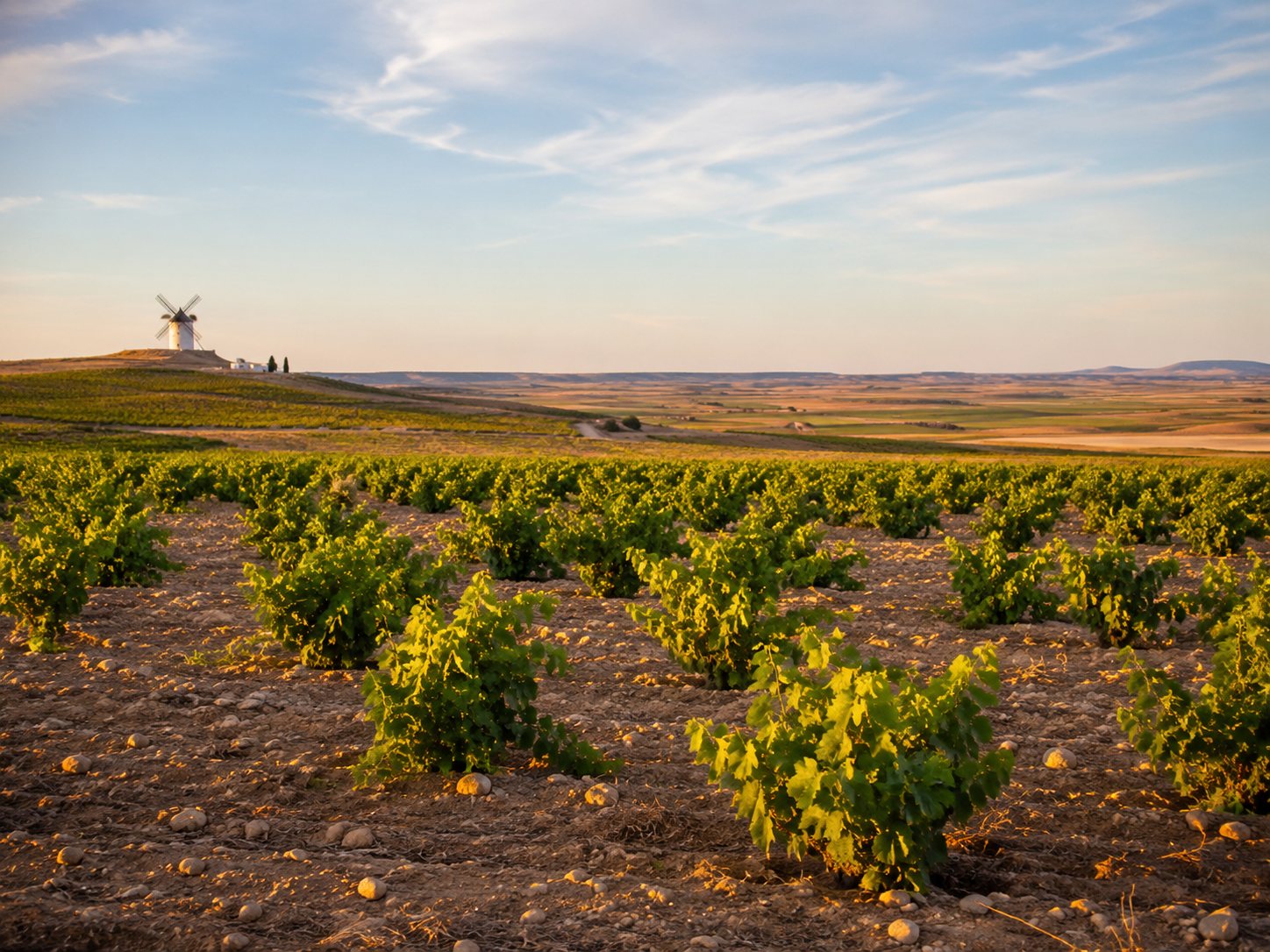 Paisaje de viñedos de Airén en vaso sobre la llanura de Castilla-La Mancha
