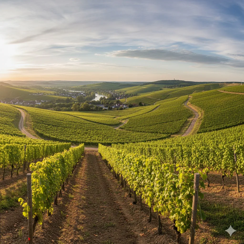 Paisaje de viñedos de Müller-Thurgau en las colinas frescas de Europa central
