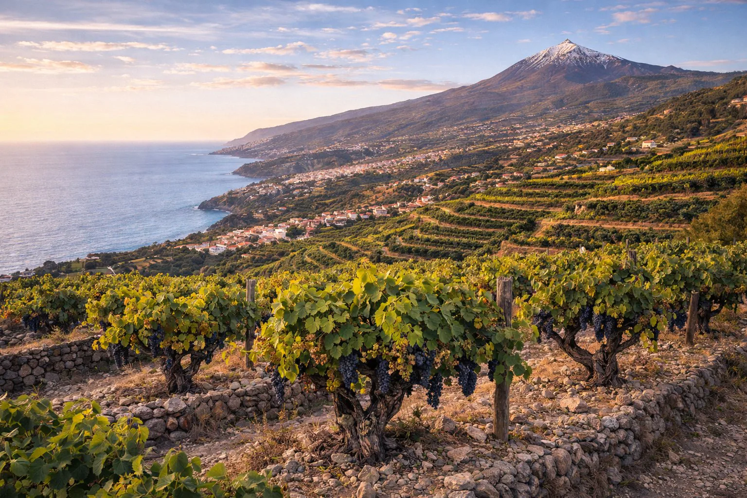 Paisaje de viñedos de Negramoll en laderas volcánicas de Canarias