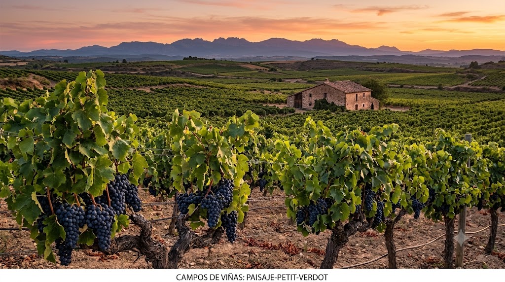 Paisaje de viñedos de Petit Verdot en una región cálida y elevada