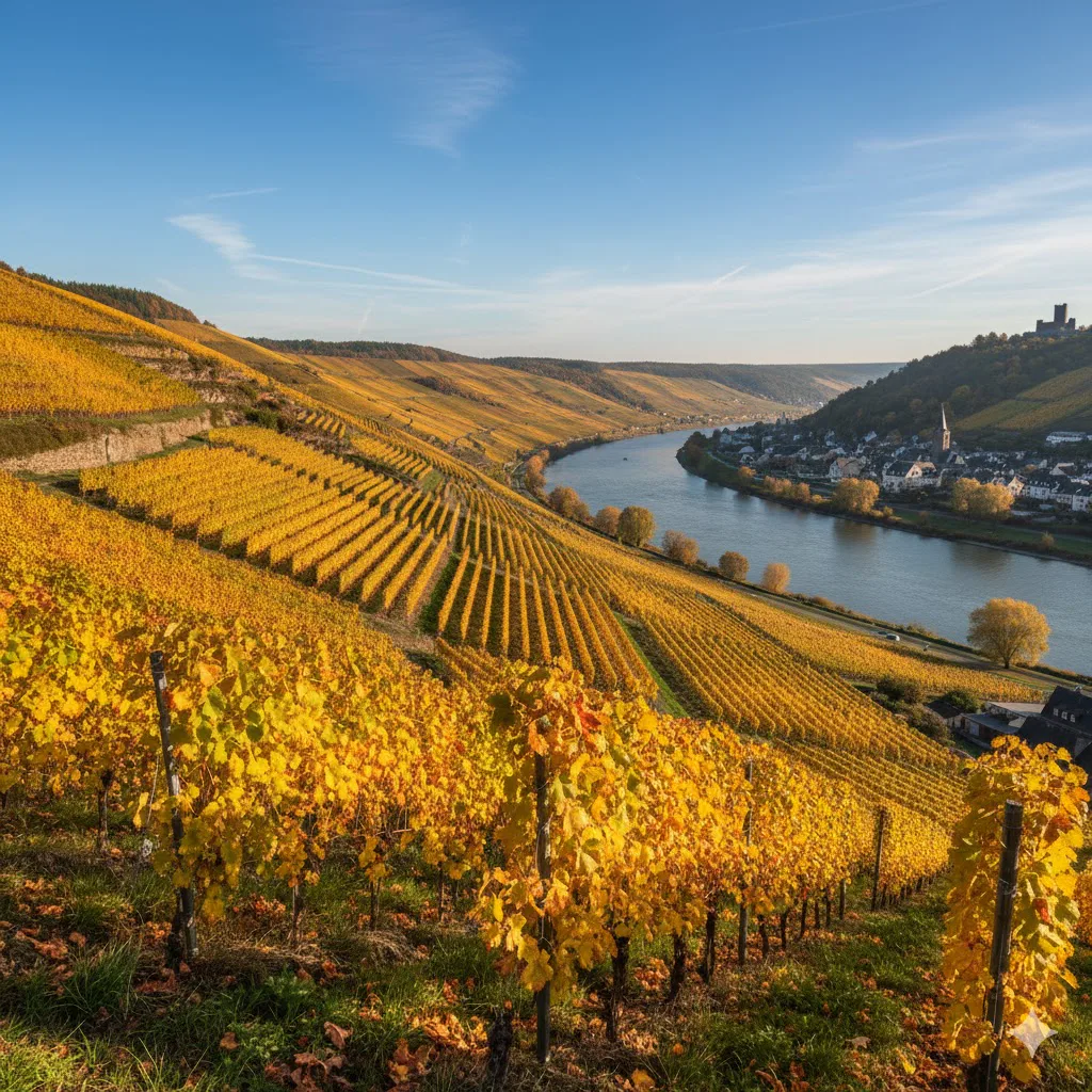 Paisaje de viñedos de Riesling junto a un río europeo