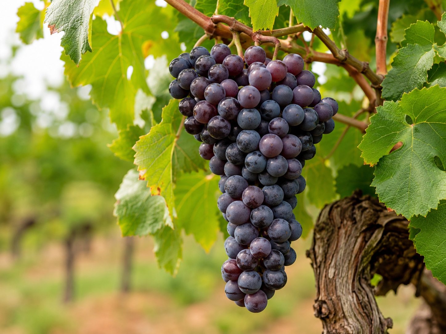 Racimo de uva tinta Băbească Neagră en el viñedo