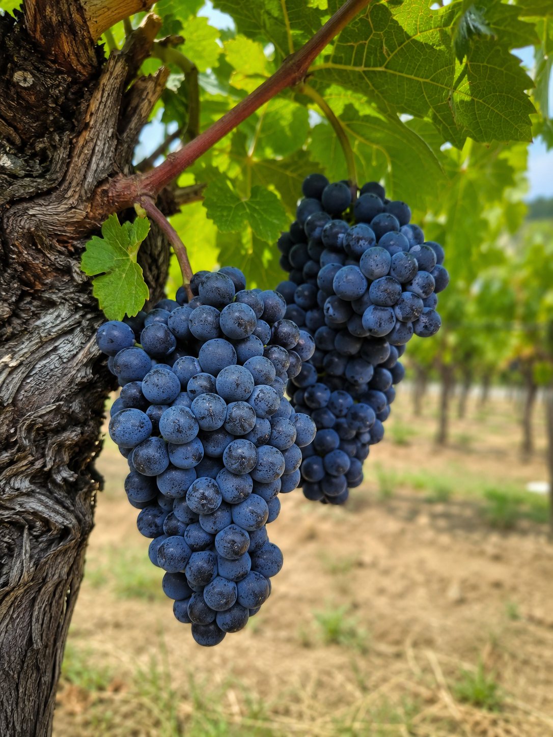 Racimos maduros de uva Baga en una cepa de Bairrada