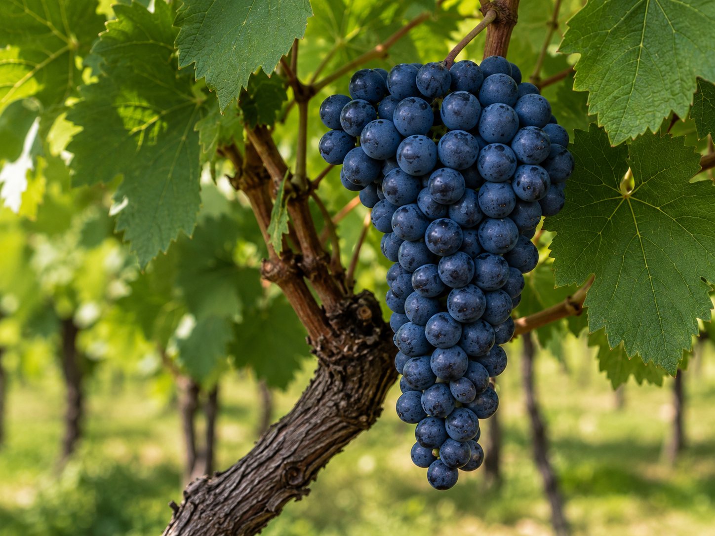 Racimos maduros de uva Barbera en el Piemonte