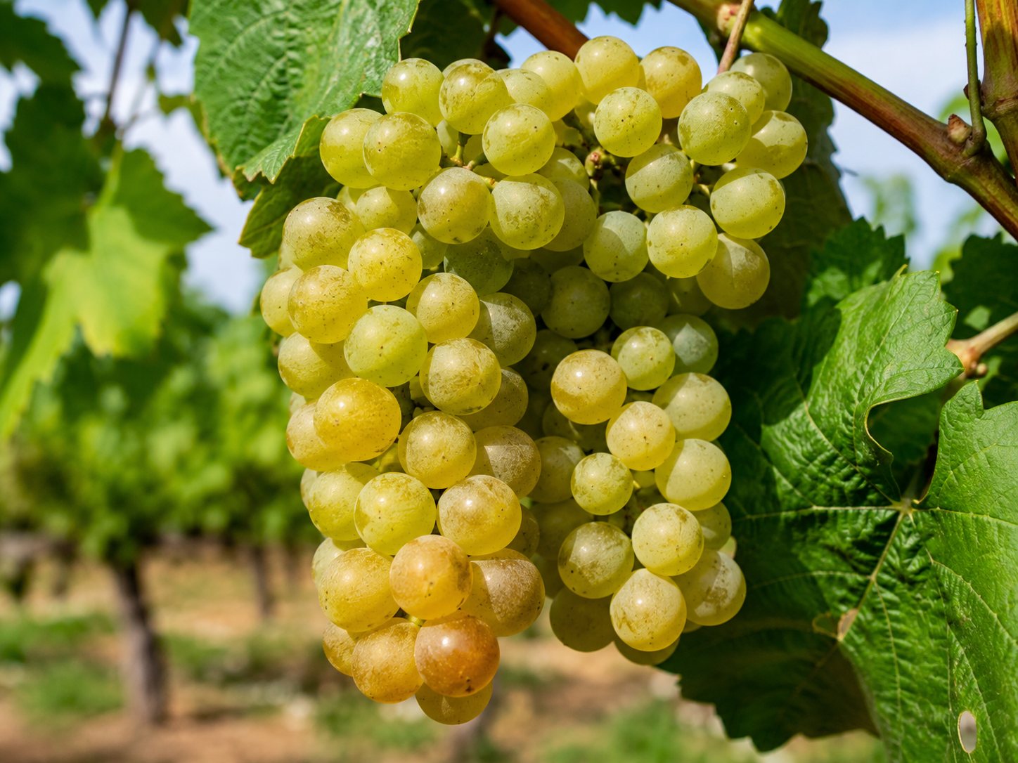 Racimo de uva blanca Bical madurando en un viñedo portugués