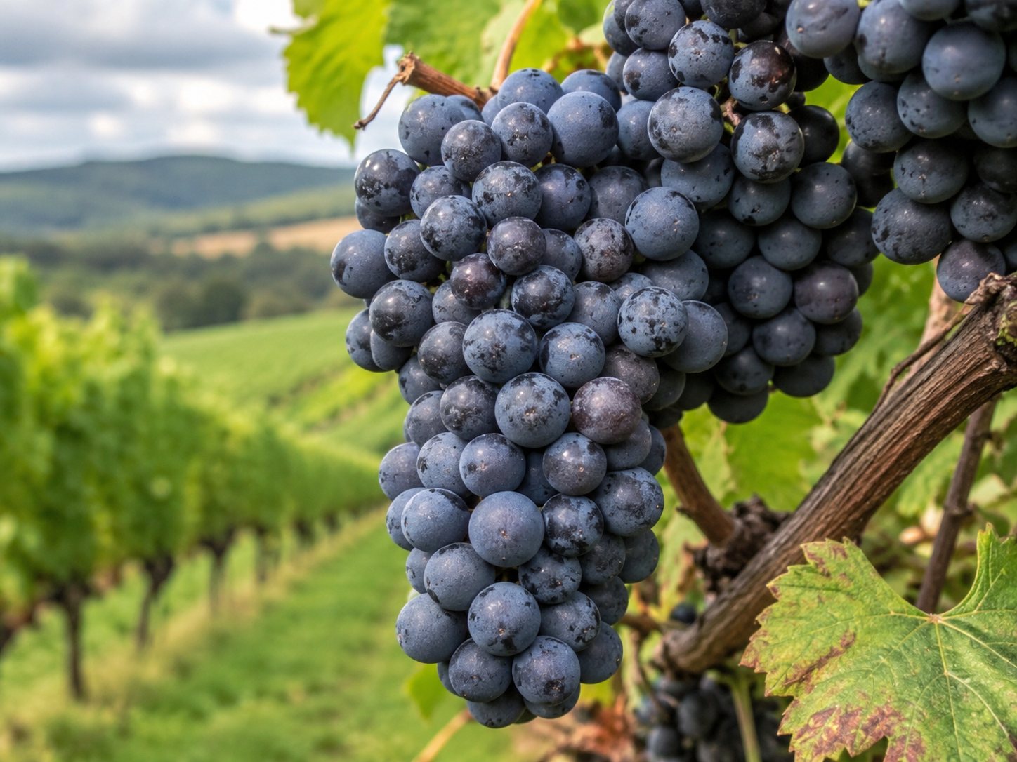 Racimos compactos de Blaufränkisch con bayas azuladas