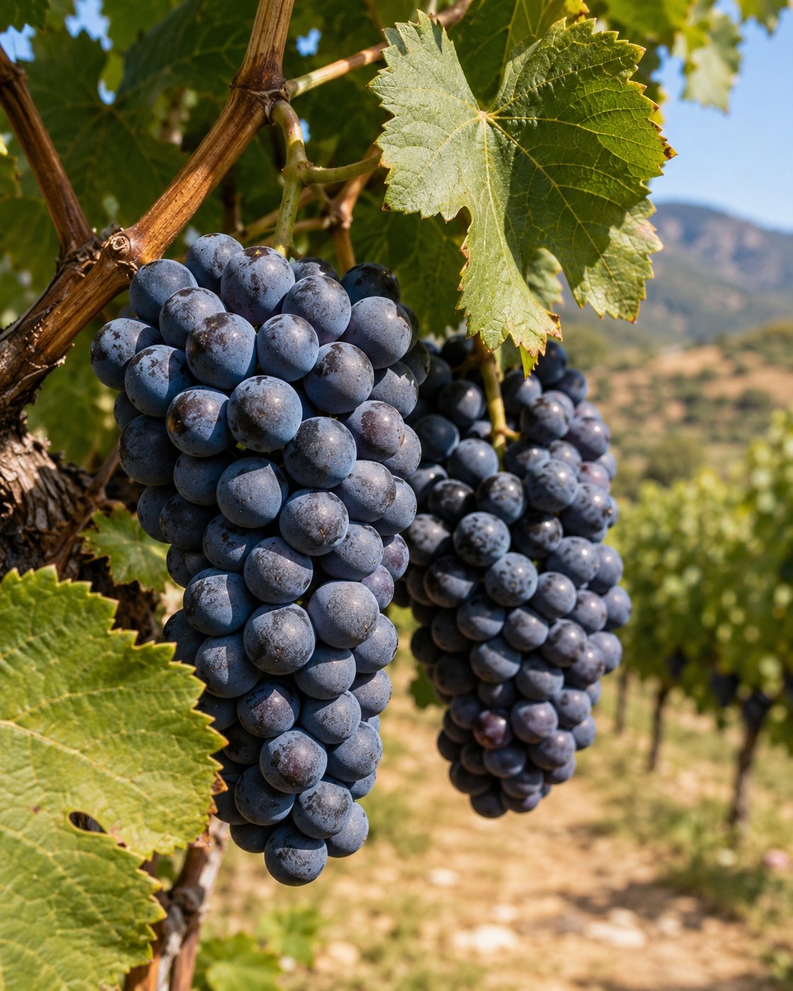 Racimos maduros de uva Cannonau en una cepa de Cerdeña