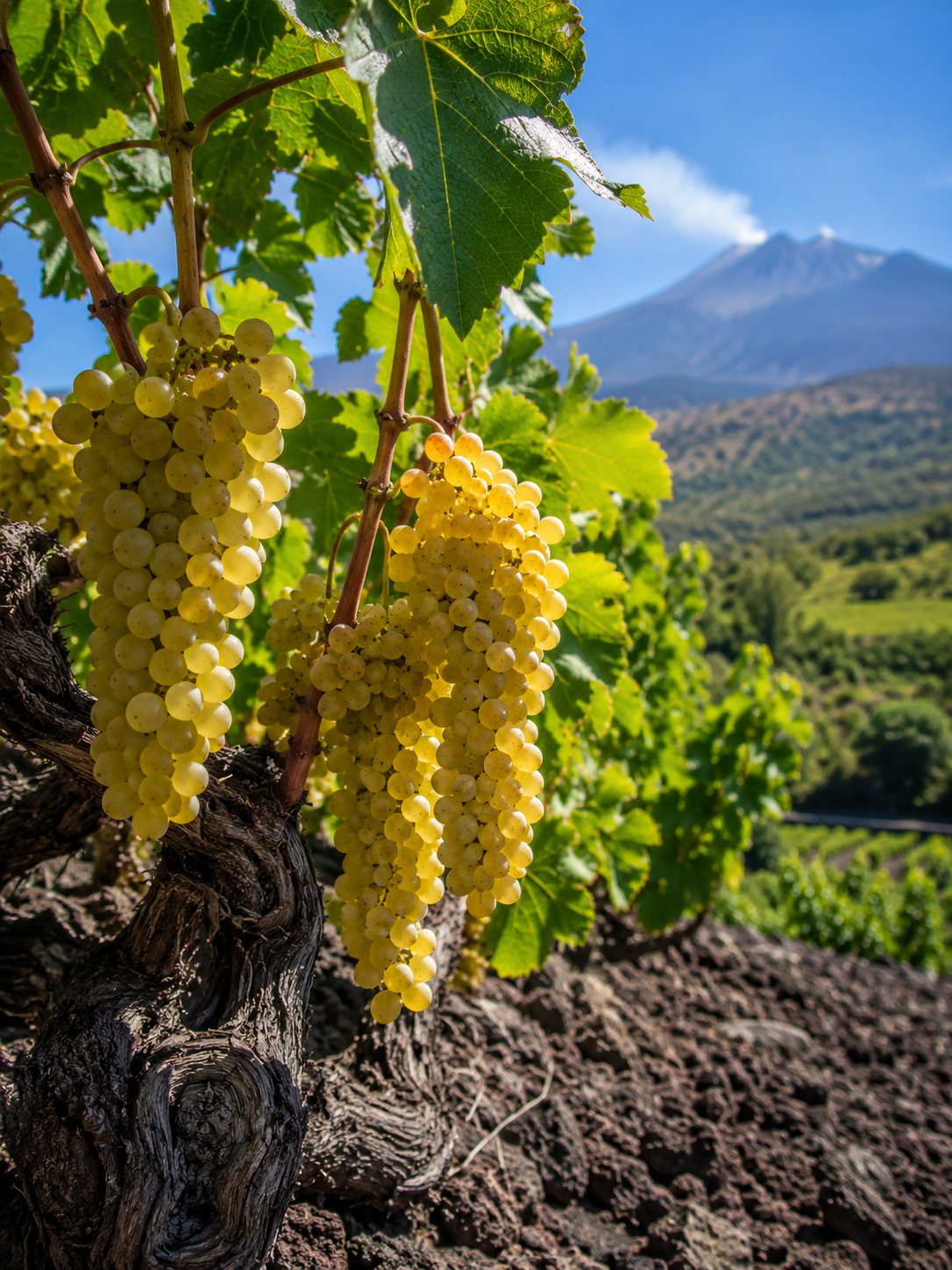 Racimos maduros de uva Carricante en una cepa del Etna