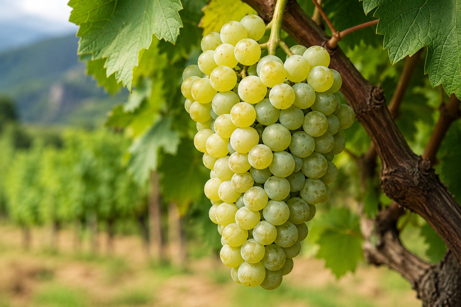 Racimos de uva Chinuri en el viñedo