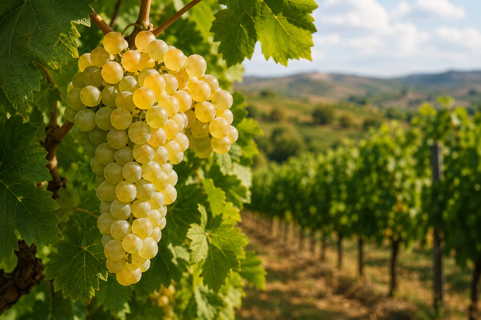 Racimo de uva blanca Fetească Albă madurando en un viñedo rumano