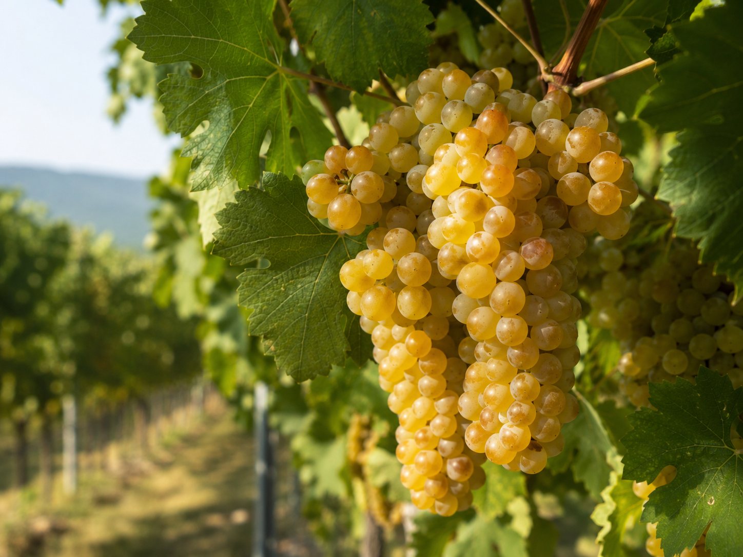 Racimos maduros de uva blanca Kisi en una cepa de Kakheti