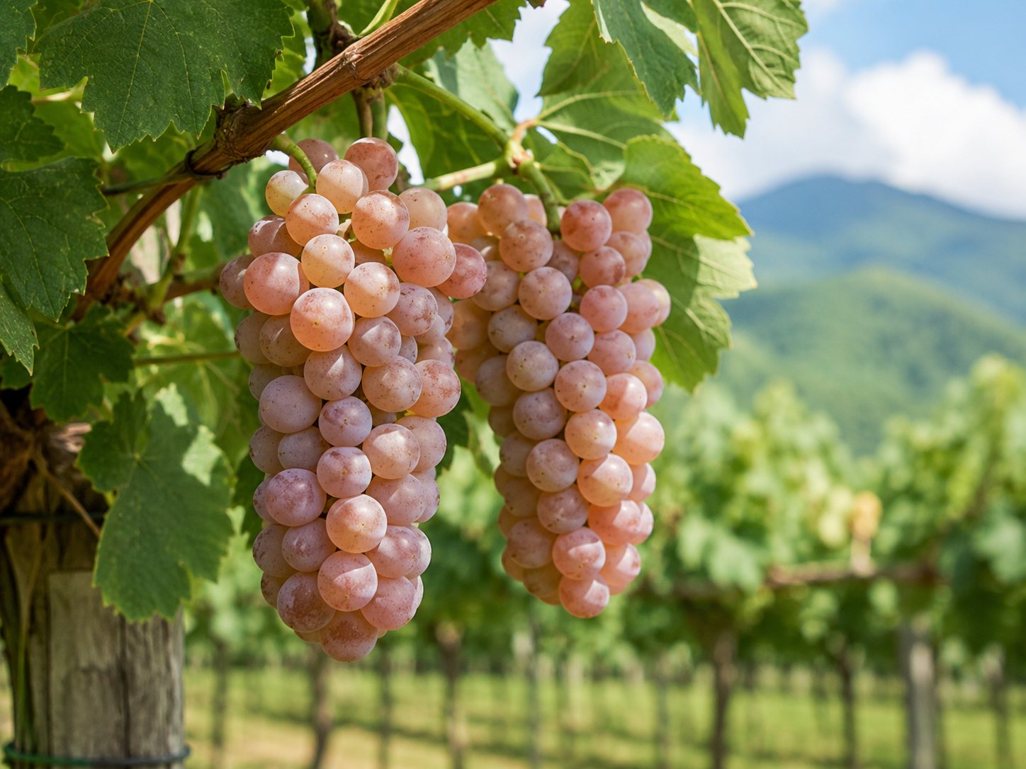 Racimo de uva Koshu de tonos rosados madurando en un viñedo japonés