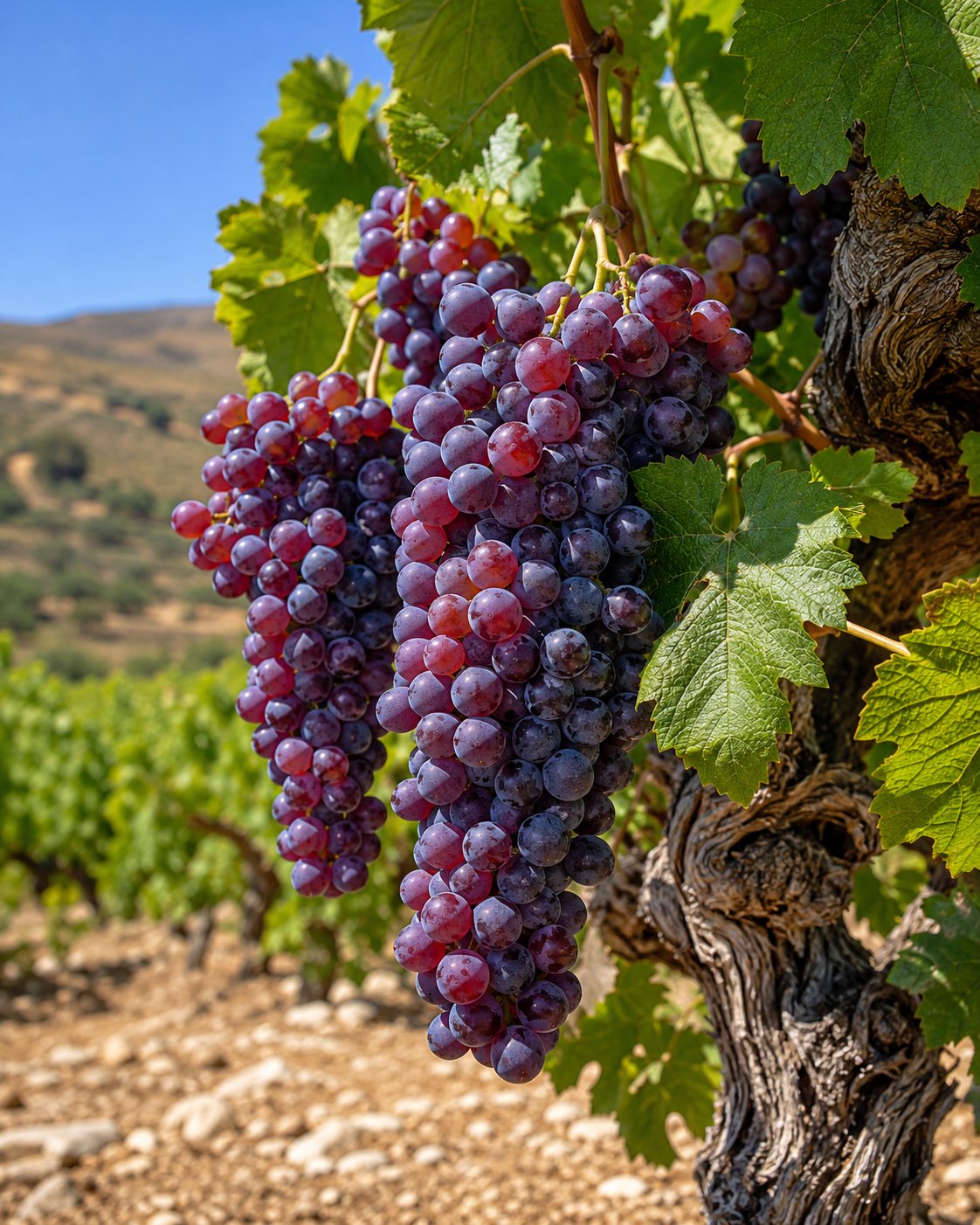 Racimos maduros de uva Kotsifali en un viñedo de Creta