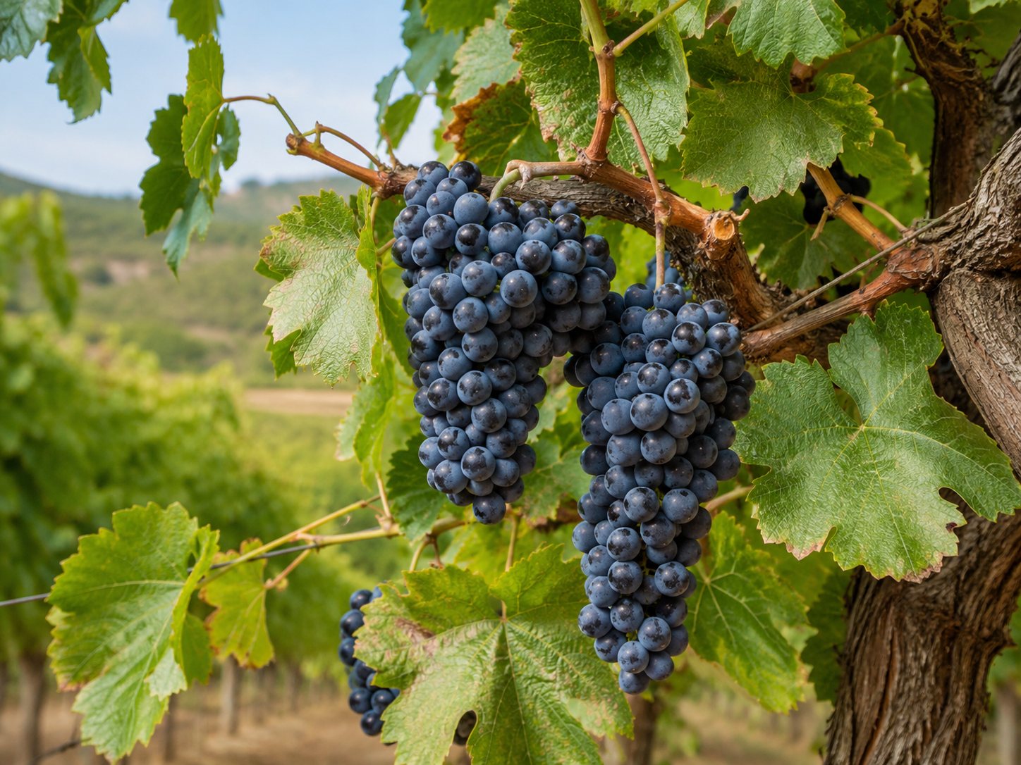 Racimos maduros de uva Montepulciano en el viñedo