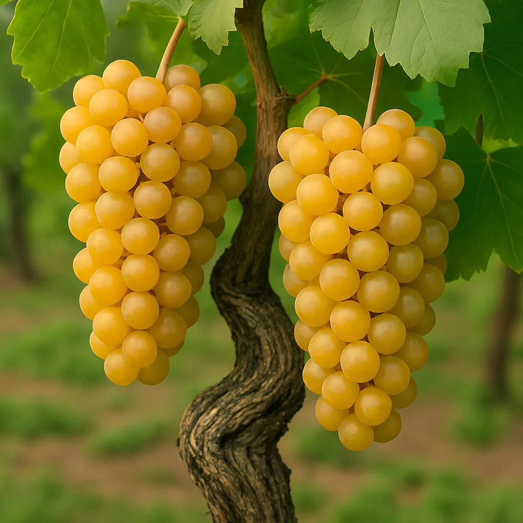 Racimo de uva Müller-Thurgau con bayas amarillo verdosas