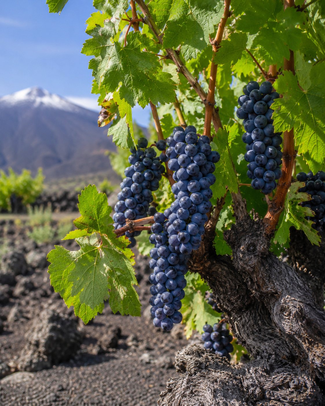 Racimos maduros de uva Nerello Mascalese en una cepa de las laderas del Etna