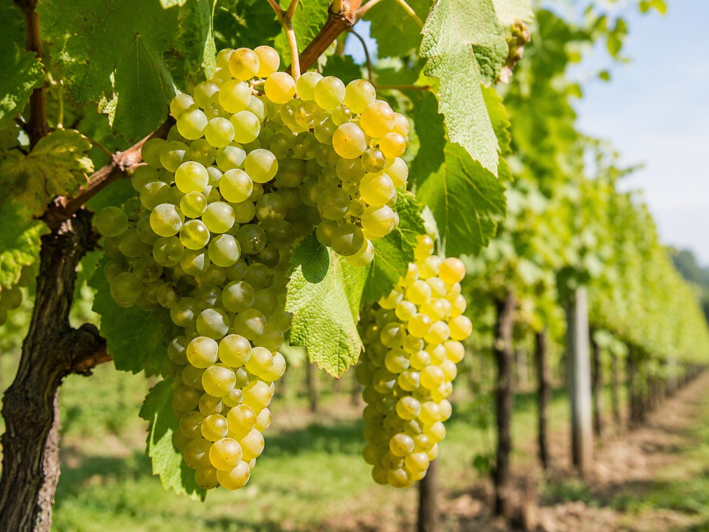 Racimos maduros de uva Pinot Blanc en el viñedo